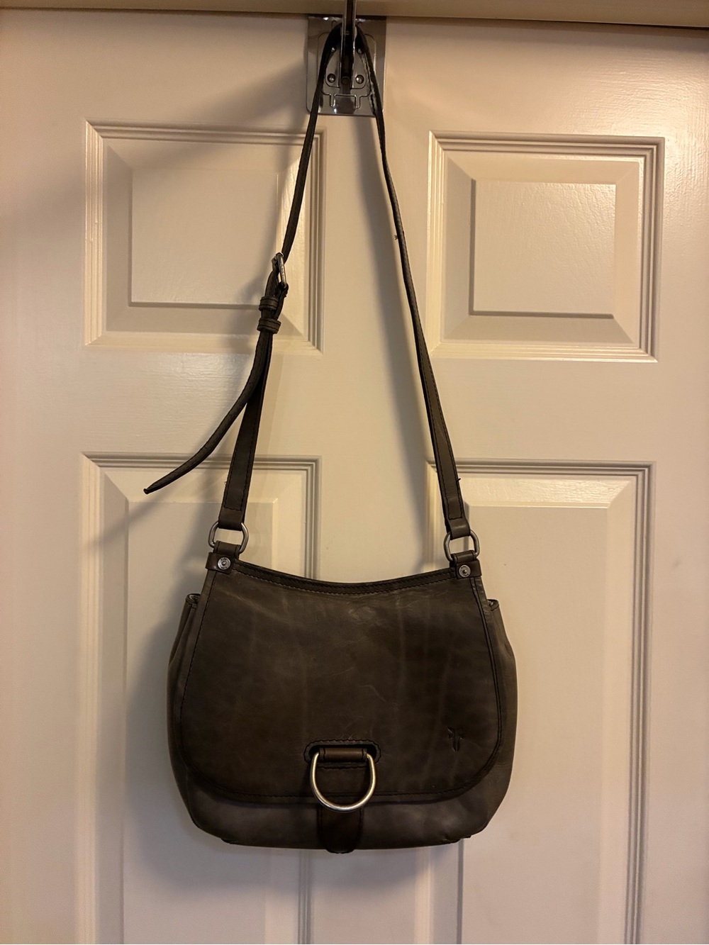 Frye Charcoal  Leather Saddle  Crossbody Bag with D-Ring Accent